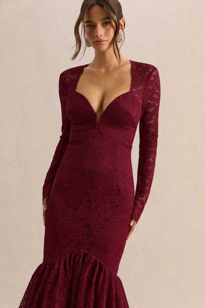 Camilly Burgundy Lace Plunge Neck Mermaid Midi Dress