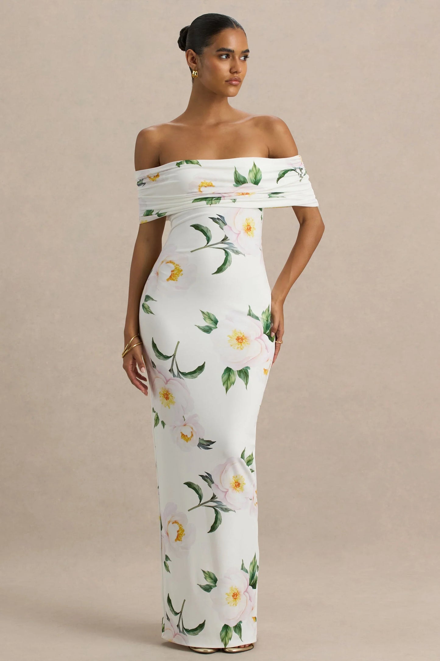 Capri White Rose Print Bardot Neck Maxi Dress With Ruched Detailing