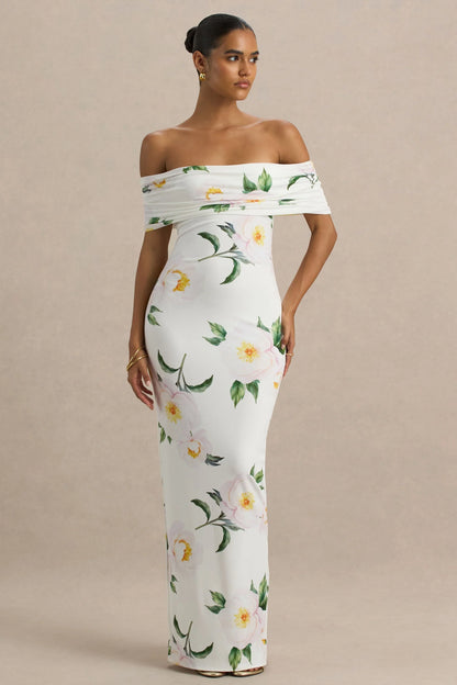 Capri White Rose Print Bardot Neck Maxi Dress With Ruched Detailing