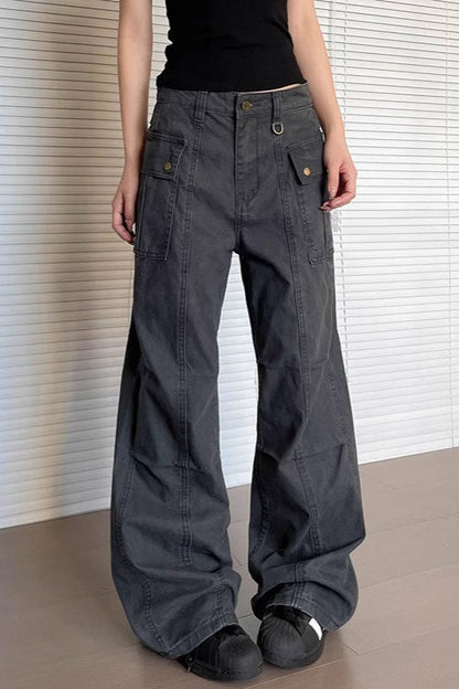 Straight Flared Vintage Washed Multi Pocket Cargo Pants