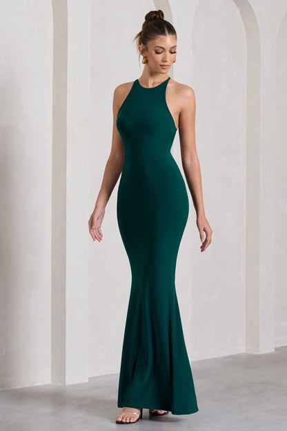 Brianna Bottle Green Sleeveless Halter Neck Open Back Maxi Dress