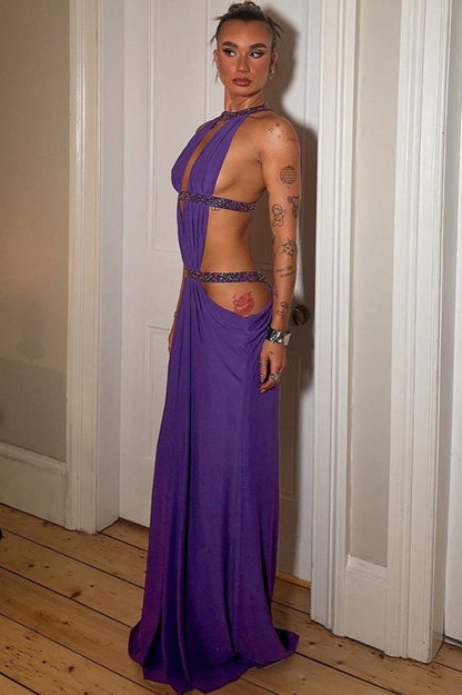 Elegant Sexy Cutout Rhinestone Backless Maxi Dress