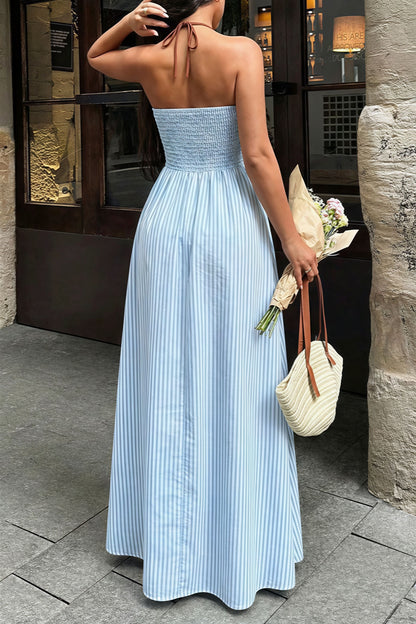 Deep V Neck Striped Backless Maxi Dress
