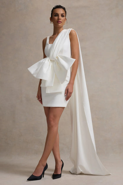 Brulee Cream Scoop Neck Sash Mini Dress With Bow