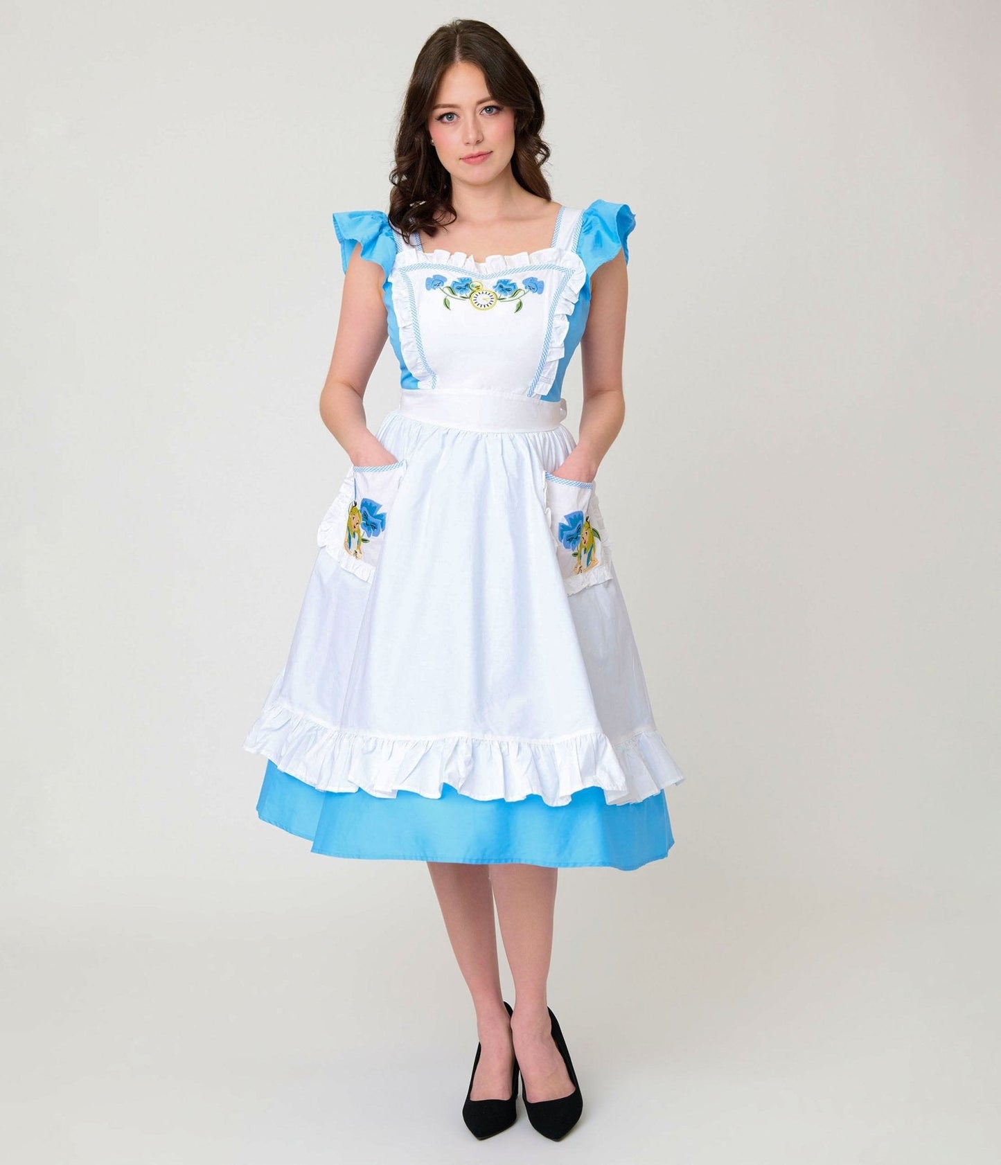 Disney Alice In Wonderland Collection By Unique Vintage Blue & White Ruffled Apron Swing Dress