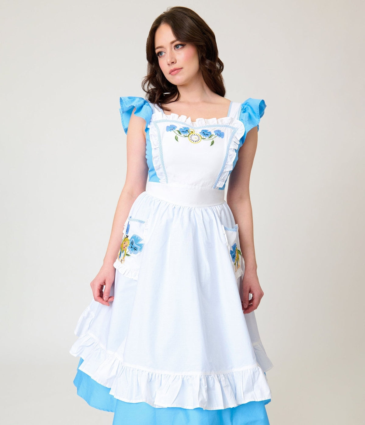 Disney Alice In Wonderland Collection By Unique Vintage Blue & White Ruffled Apron Swing Dress