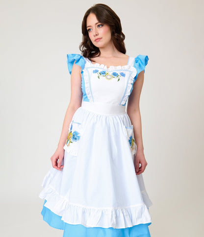 Disney Alice In Wonderland Collection By Unique Vintage Blue & White Ruffled Apron Swing Dress