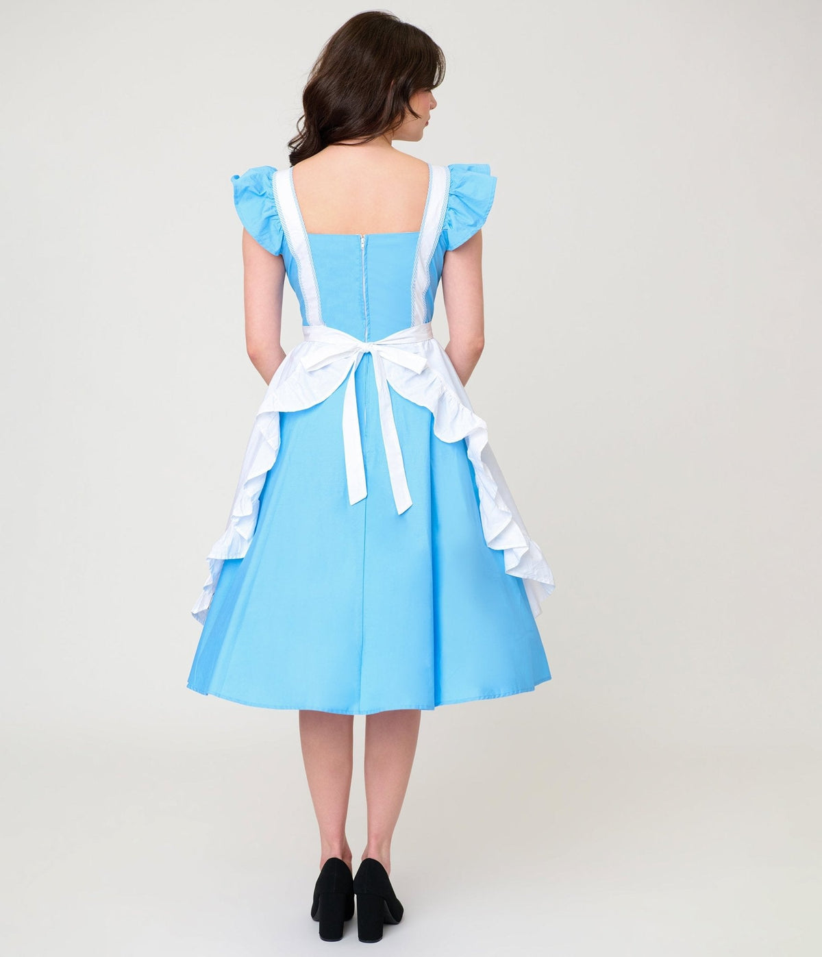 Disney Alice In Wonderland Collection By Unique Vintage Blue & White Ruffled Apron Swing Dress