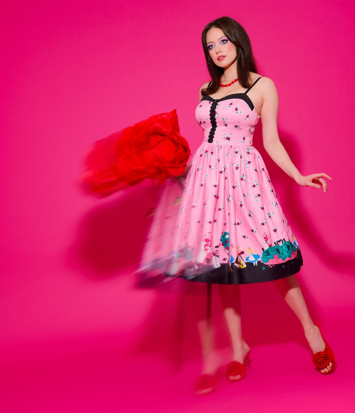 Disney Alice In Wonderland Collection By Unique Vintage Pink Queen of Hearts Sweetheart Swing Dress