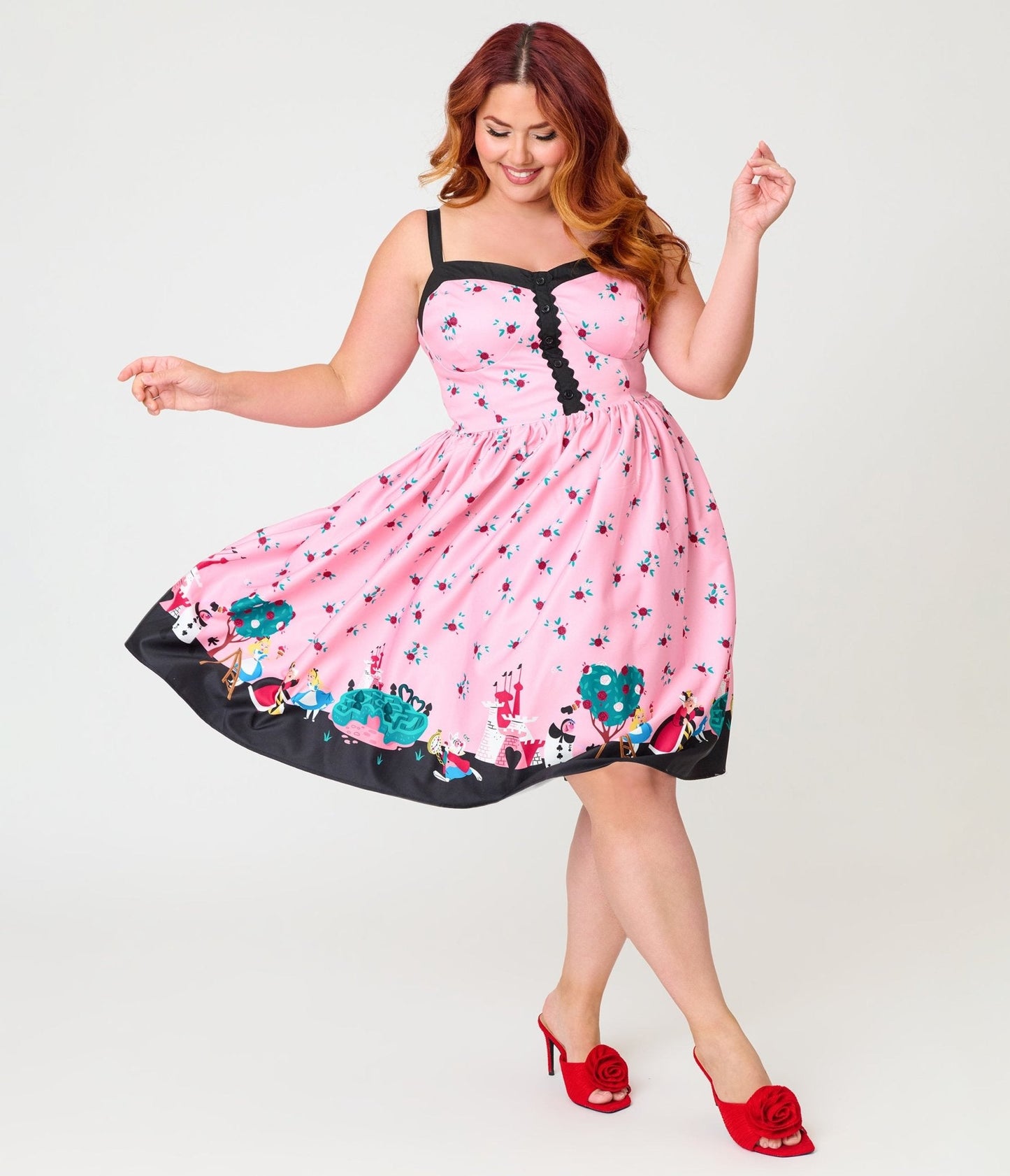 Disney Alice In Wonderland Collection By Unique Vintage Plus Size Pink Queen of Hearts Sweetheart Swing Dress