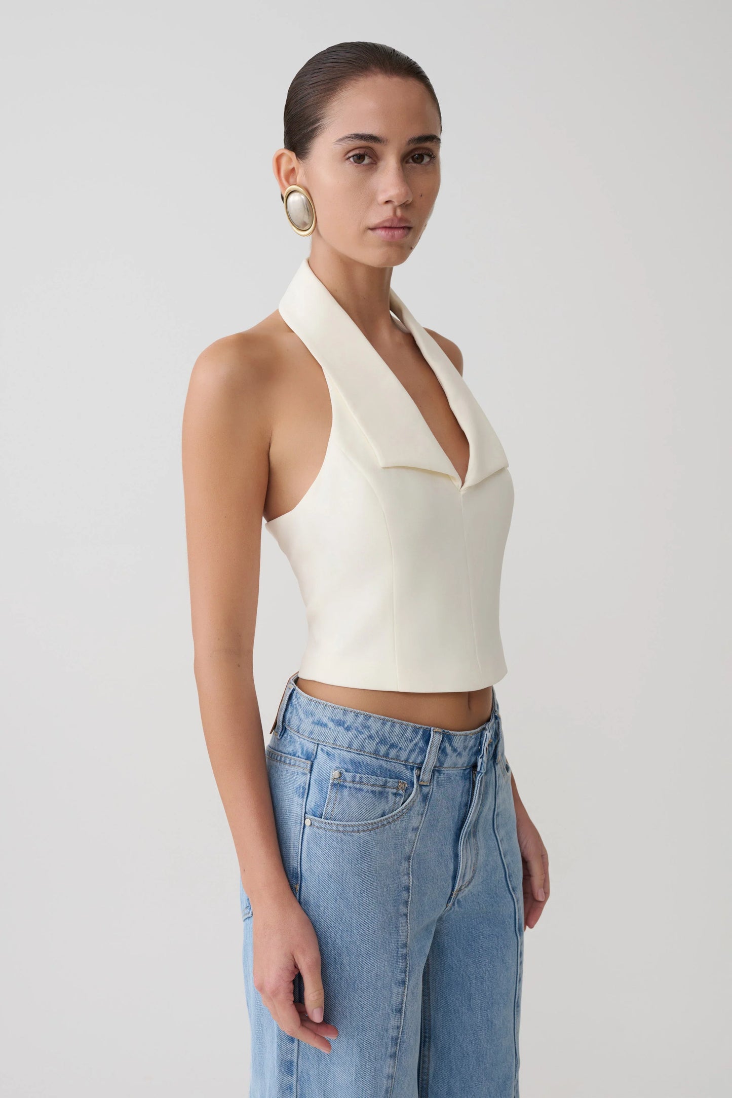 Calla Collared Sleeveless Halter Top Ivory