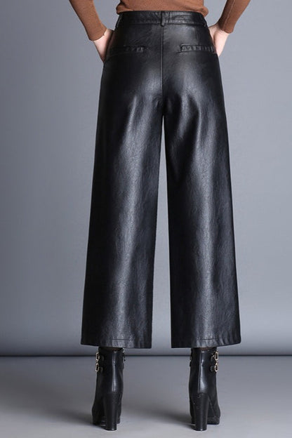 High Waisted Cropped Wide Leg PU Leather Pants