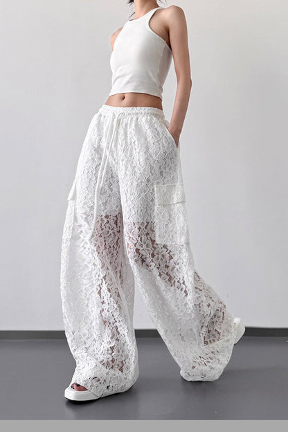 Patchwork Cutout Lace Straight Wide Leg Cargo Pants