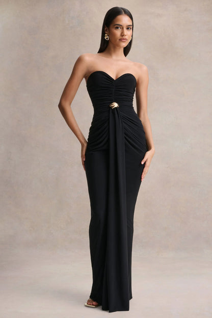Beverly Black Bandeau Maxi Dress With Gathered Detailing