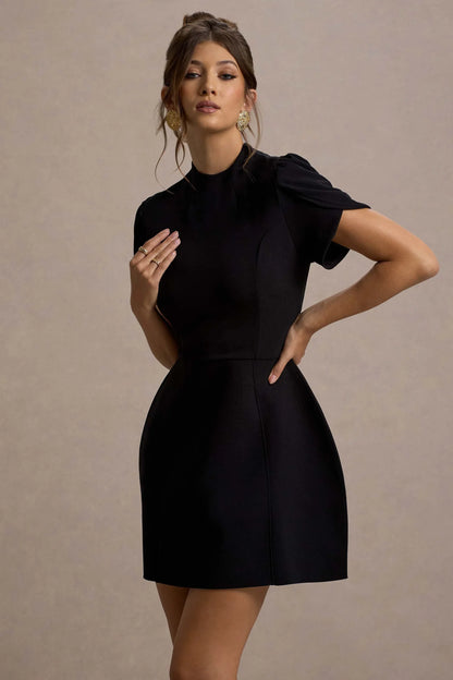 Carabella Black High Neck Short Sleeve Mini Dress