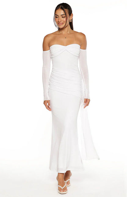 Breanna White Long Sleeve Ruched Maxi Dress