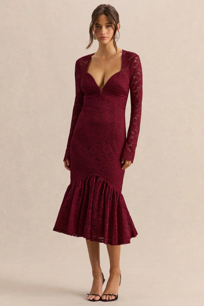 Camilly Burgundy Lace Plunge Neck Mermaid Midi Dress
