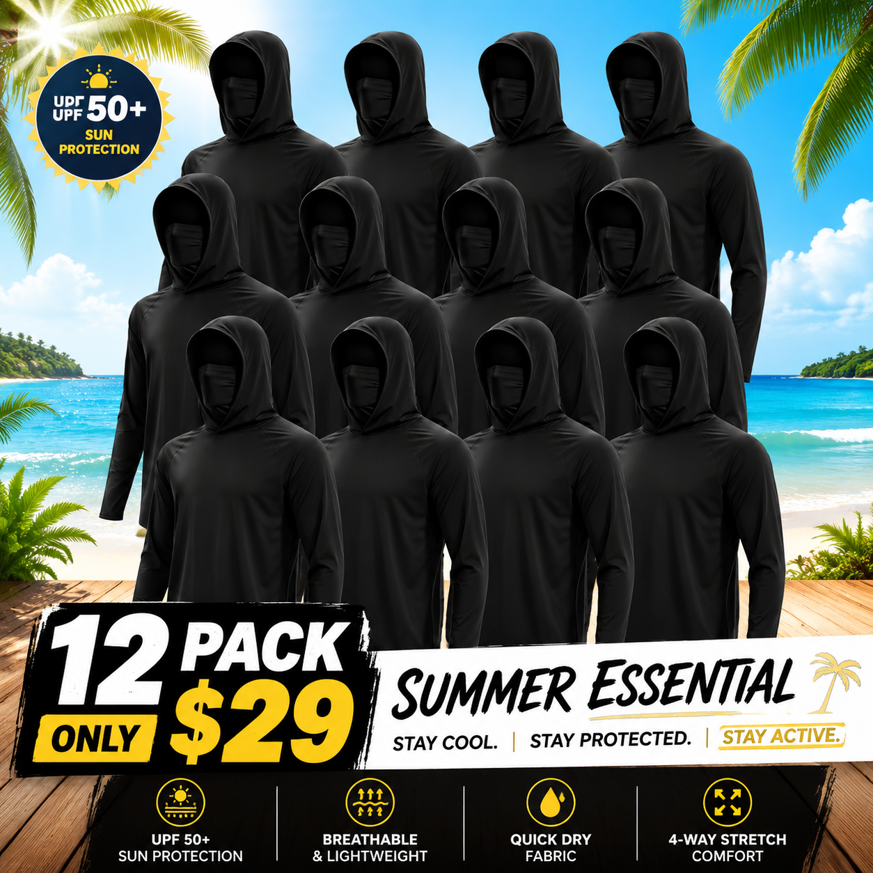 UPF 50+ Long-Sleeve Sun-Protection Hoodie (with Sleeve Pocket and Face Mask)