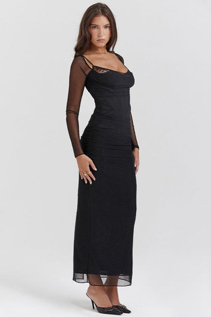 Mesh Lace Patchwork Boned Fitted High Slit Elegant Maxi Dress
