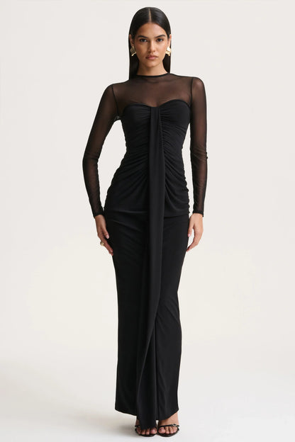 Cadenza Black Crew Neck Maxi Dress With Mesh And Gathered Detailing