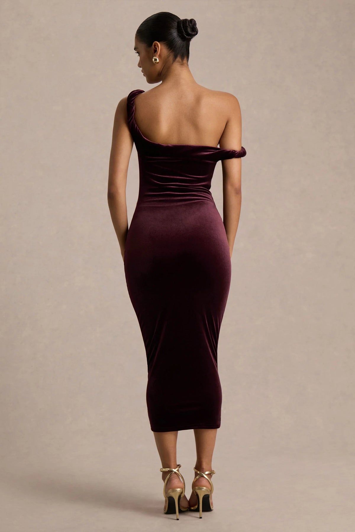 Carella Burgundy Velvet Twisted Asymmetric Midi Dress