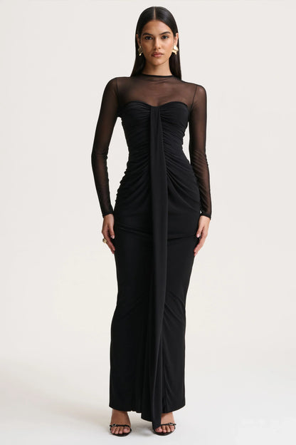 Cadenza Black Crew Neck Maxi Dress With Mesh And Gathered Detailing