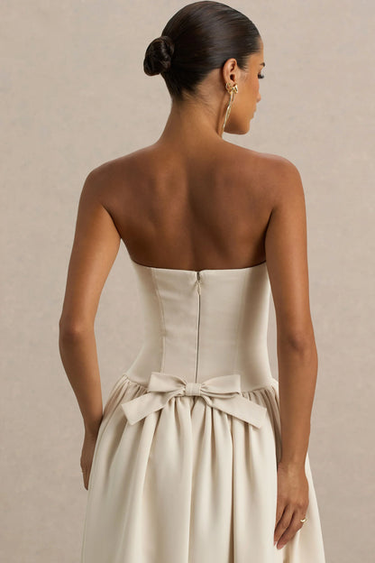 Candice Cream Bandeau Volume Midi Dress With Back Bow Detail
