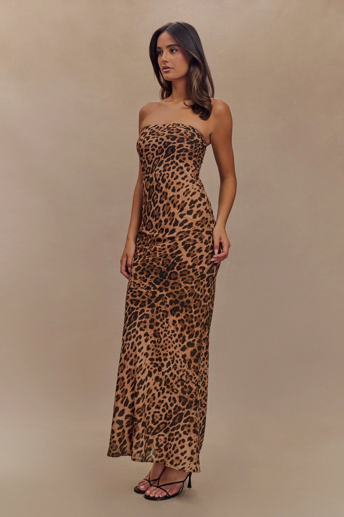 Breanna Strapless Chiffon Maxi Dress Leopard Print