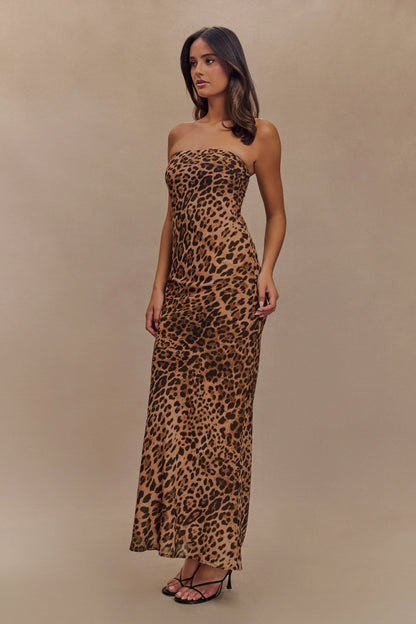 Breanna Strapless Chiffon Maxi Dress Leopard Print