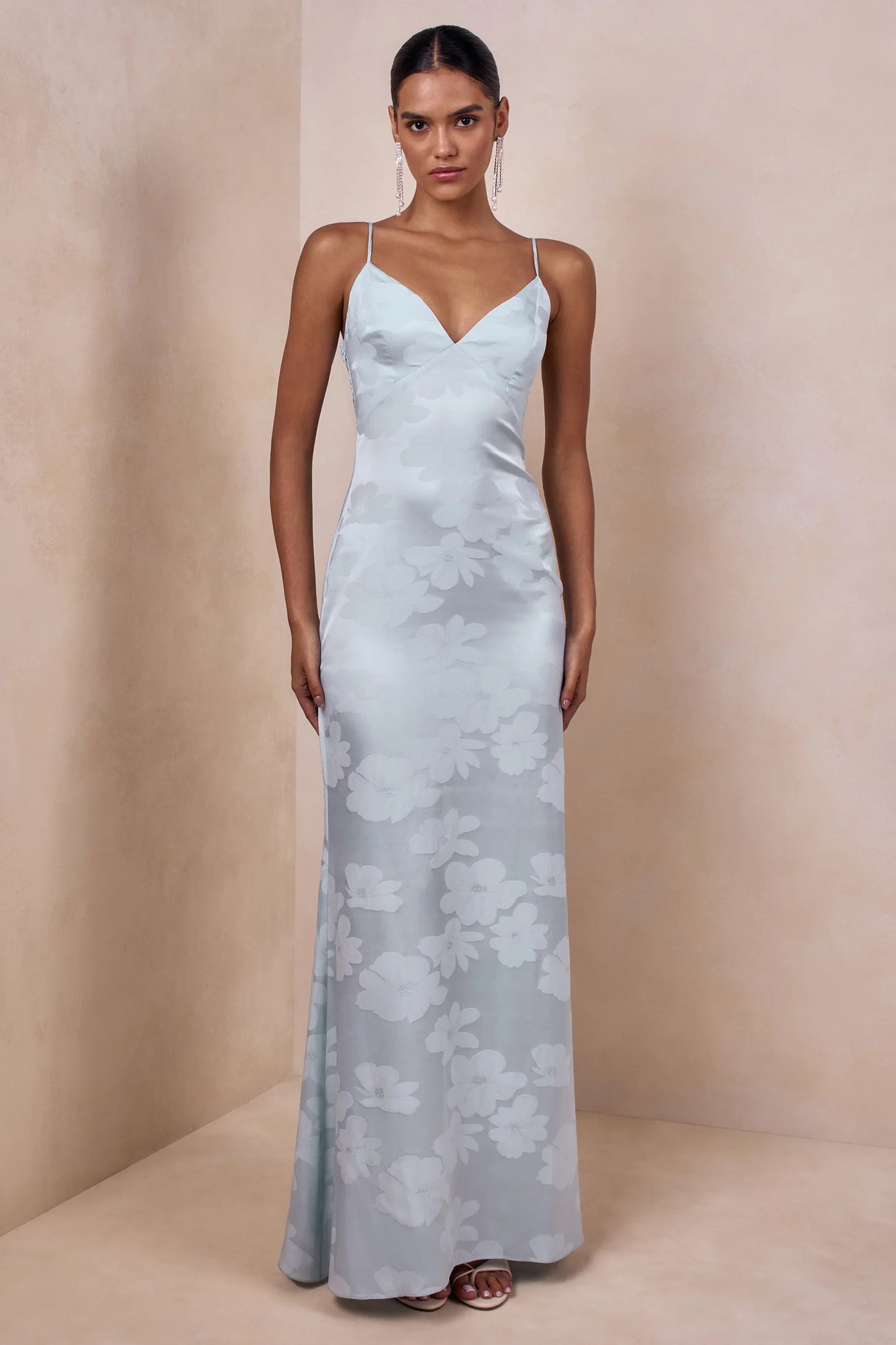 Carelle Powder Blue Satin Plunge Neck Maxi Dress With Asymmetric Drop Waist