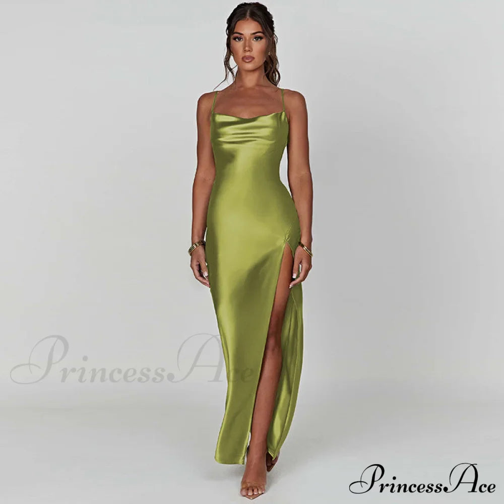 Elegant Satin V-neck Spaghetti Strap Backless Ruched High Split Dress