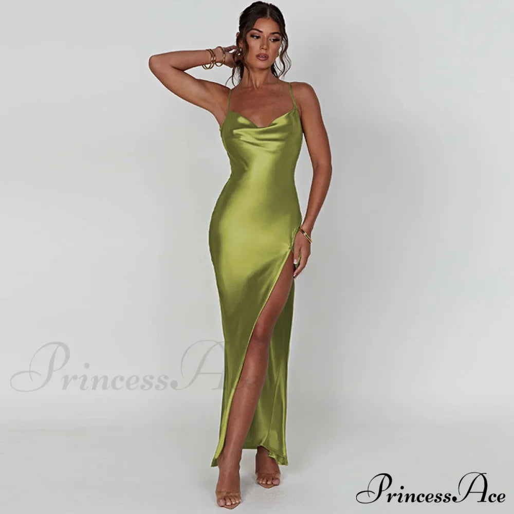 Elegant Satin V-neck Spaghetti Strap Backless Ruched High Split Dress
