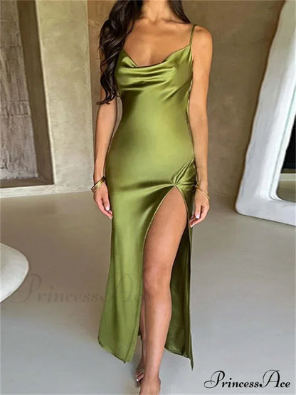 Elegant Satin V-neck Spaghetti Strap Backless Ruched High Split Dress
