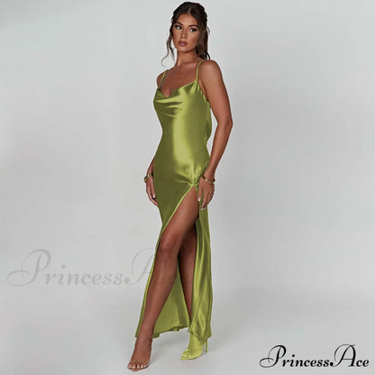 Elegant Satin V-neck Spaghetti Strap Backless Ruched High Split Dress