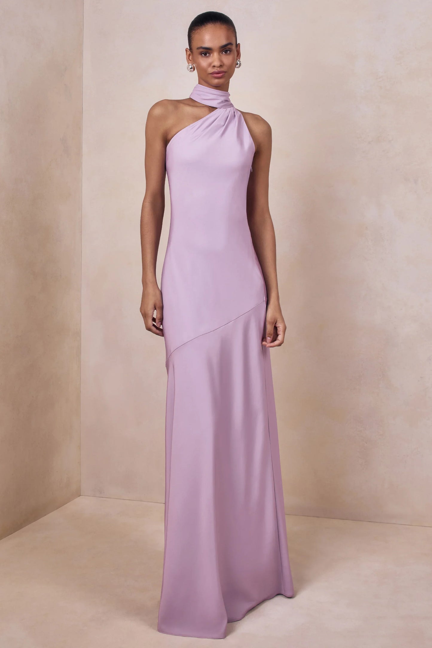 Cara Lilac Matte Satin High Neck Maxi Dress