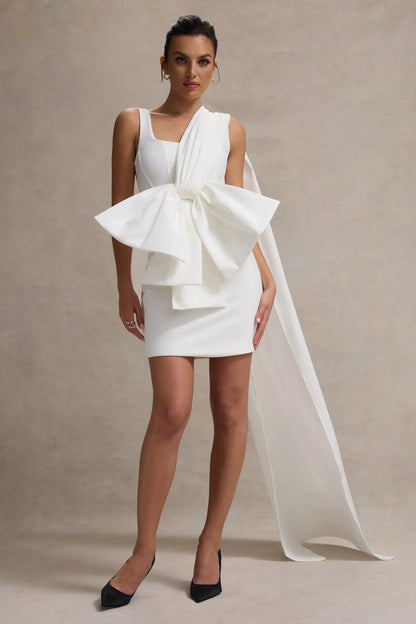 Brulee Cream Scoop Neck Sash Mini Dress With Bow