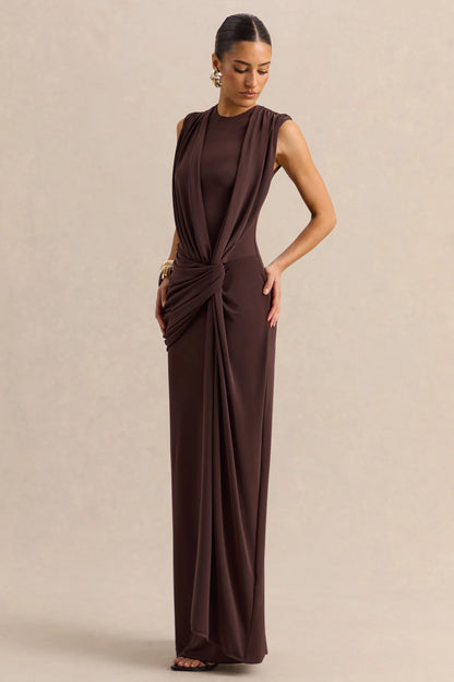 Blythia Brown Round Neck Maxi Dress With Gathered Detailing