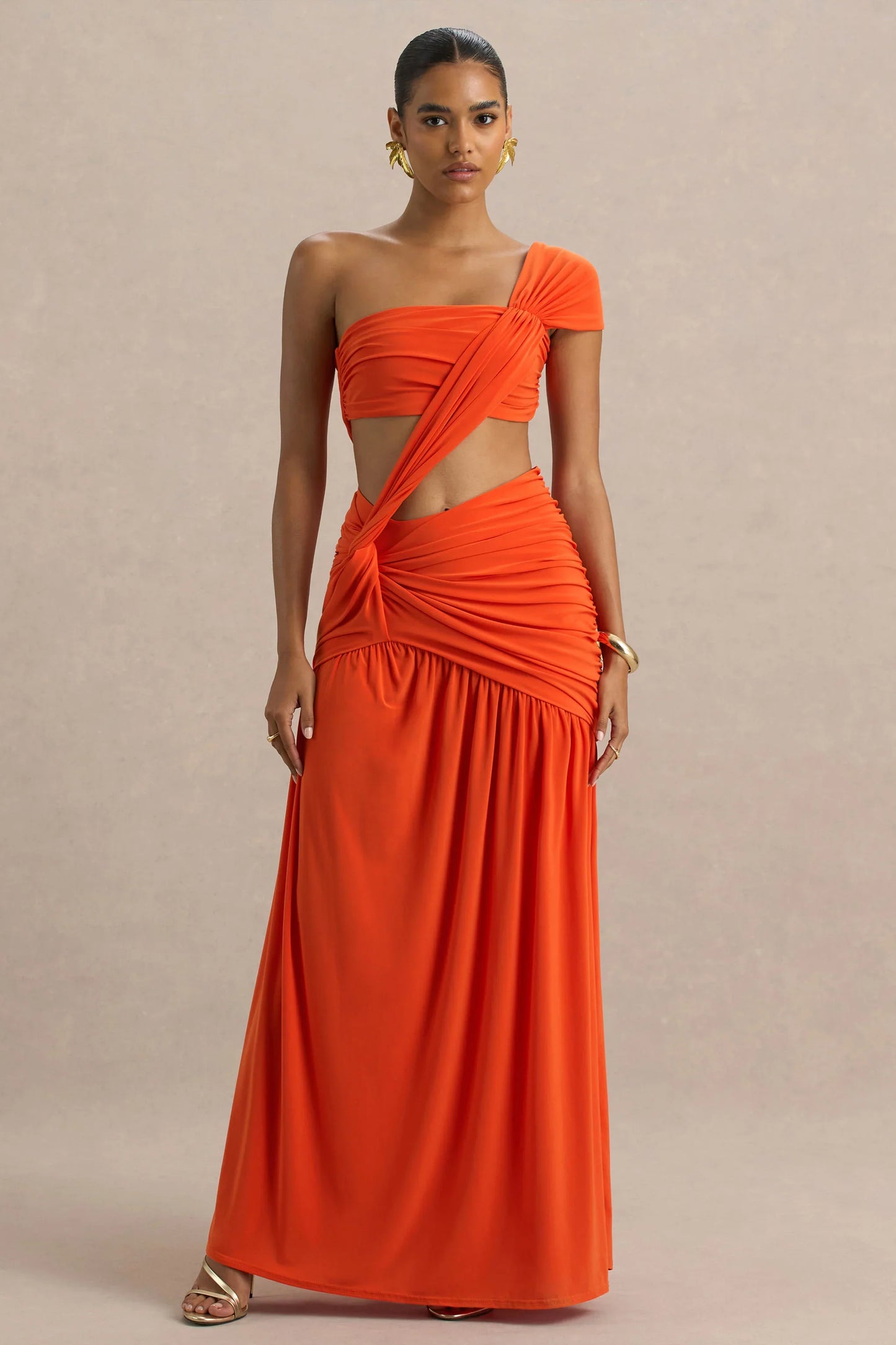 Cadiz Orange Asymmetric Maxi Dress With Cut Out Detail and Open Back