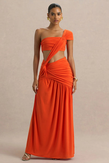 Cadiz Orange Asymmetric Maxi Dress With Cut Out Detail and Open Back