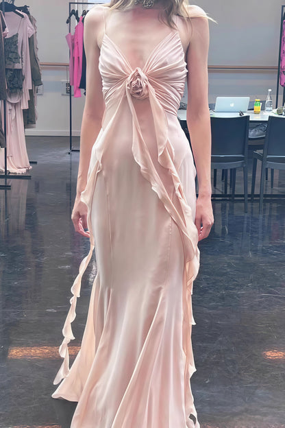 3D Rose Flowy Spaghetti Strap Backless Maxi Dress