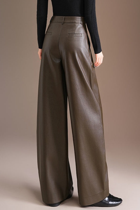 Thickened PU High Waist Wide Leg Bootcut Slim Casual Pants