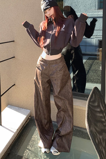 High Waist Vintage Slim Floor Length Wide Leg Straight Pants
