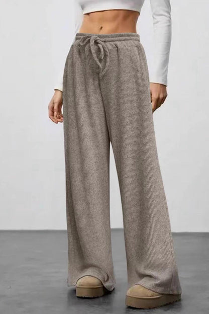 Ribbed Drawstring High Waist Straight Leg Casual Pants