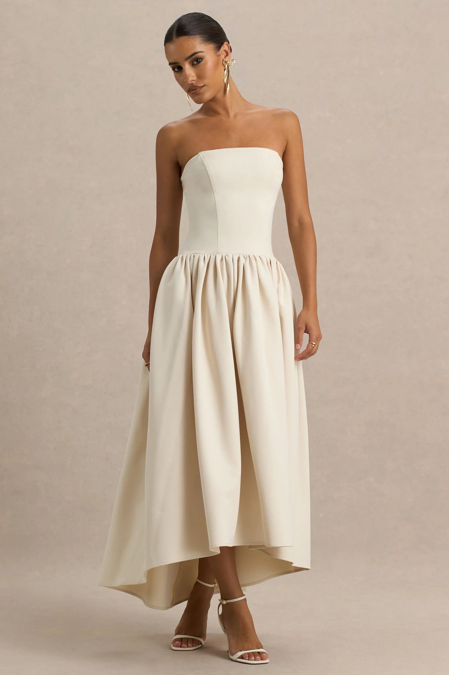 Candice Cream Bandeau Volume Midi Dress With Back Bow Detail