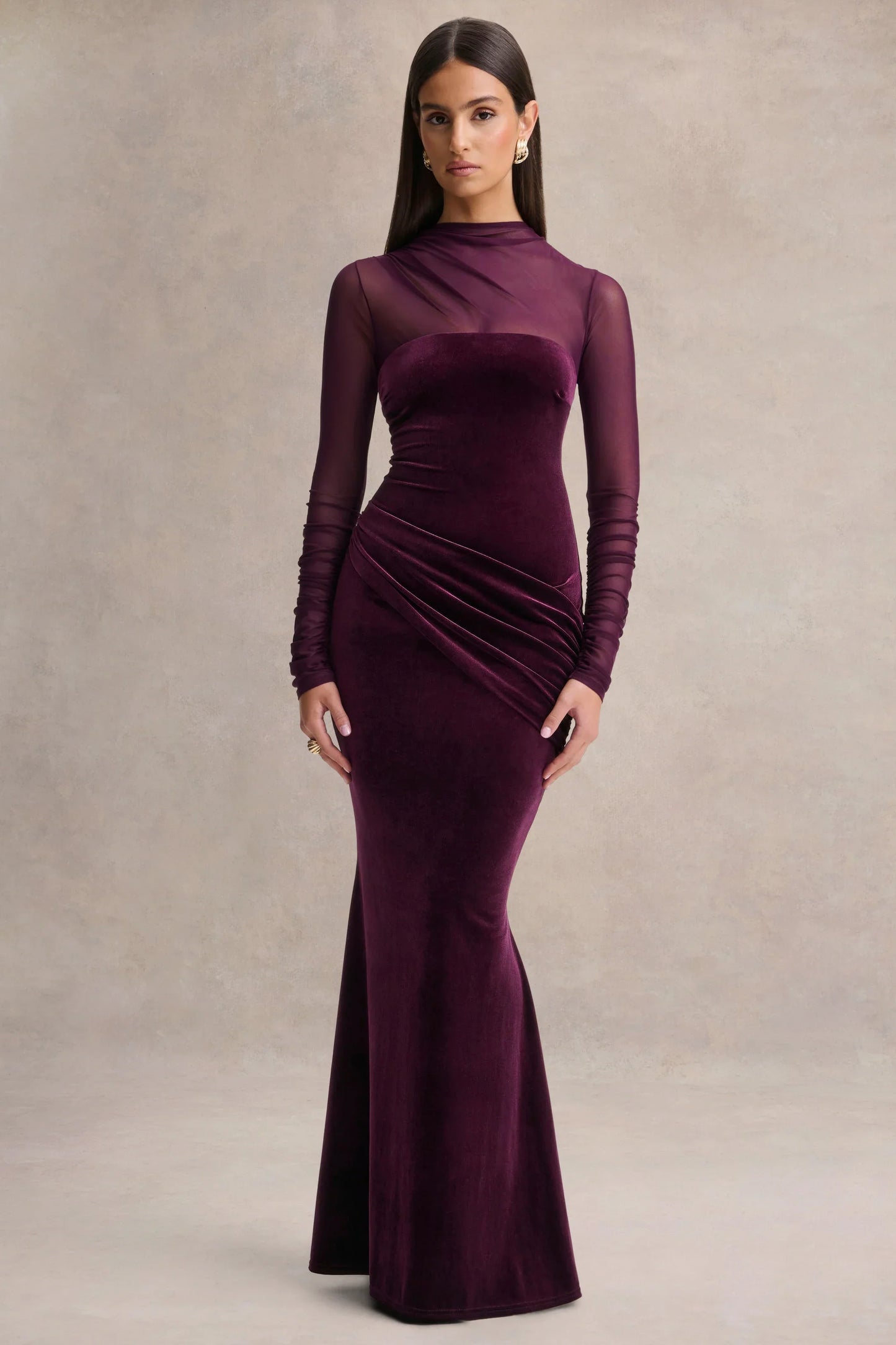 Cambria Plum Velvet High Neck Maxi Dress With Draped Detailing