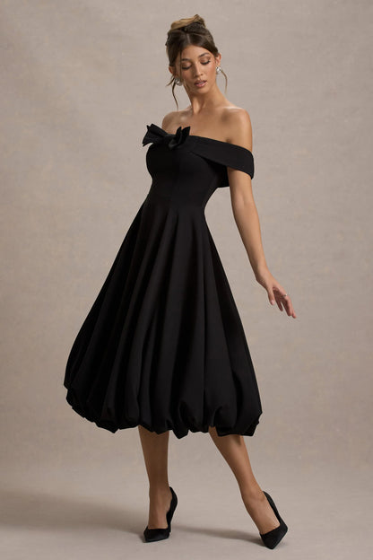 Calliopia Black Bow Bardot Midi Dress With Puff Ball Skirt