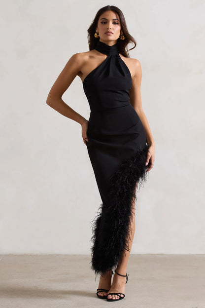 Brilliance Black Asymmetric Maxi Dress With Feather Trim