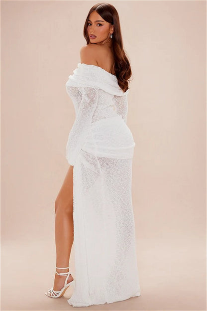 Sexy Off Shoulder Cutout Flare Sleeve Fitted Sash Maxi Dress