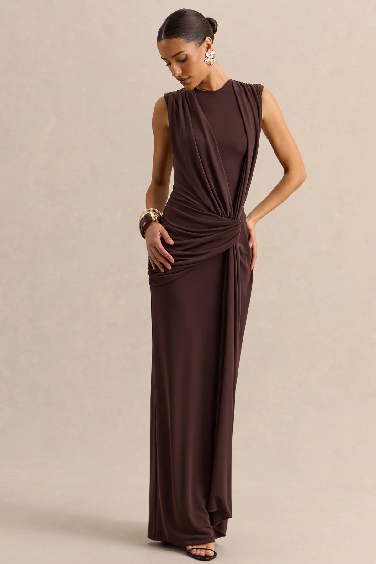 Blythia Brown Round Neck Maxi Dress With Gathered Detailing