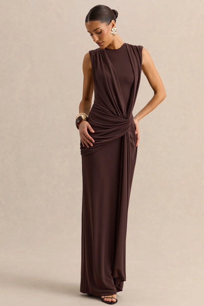 Blythia Brown Round Neck Maxi Dress With Gathered Detailing